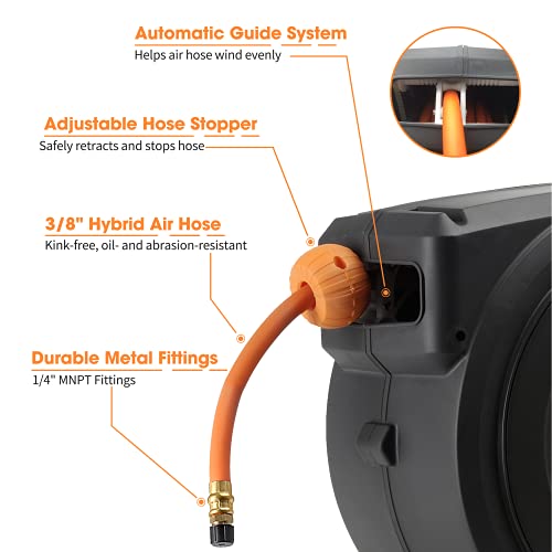 Giraffe Tools Retractable Air Hose Reel Enclosed with 3/8" x 50 ft, 300 PSI