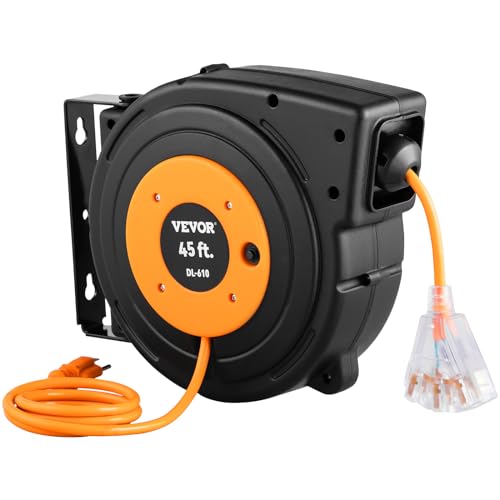 VEVOR Retractable Extension Cord Reel, 50 FT Heavy Duty 14AWG/3C SJTOW Power Cord with Lighted Triple Tap Outlet, 13 Amp Circuit Breaker, 180° Swivel Bracket for Ceiling or Wall Mount