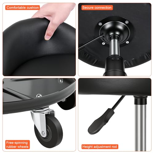 pofluany Rolling Shop Stool with Wheels, Garage Mechanic Stool with Backrest, Adjustable Height Shop Stools with Tool Tray, 300 lb Capacity Mechanic Chair for Garage, Workshop, Auto Repair Black