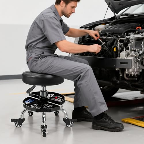 FLOLXNB Garage Mechanic Stool with Storage Tray,Low Height Rolling Shop Stools, Rolling Mechanics Seat Chair Height Adjustable, Rolling Shop Chair, Work Stool Creeper Seat (Style 2)
