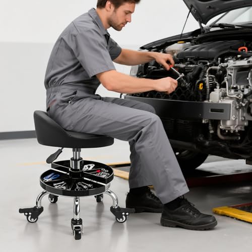 FLOLXNB Garage Mechanic Stool with Storage Tray,Low Height Rolling Shop Stools, Rolling Mechanics Seat Chair Height Adjustable, Rolling Shop Chair, Work Stool Creeper Seat (Style 1)