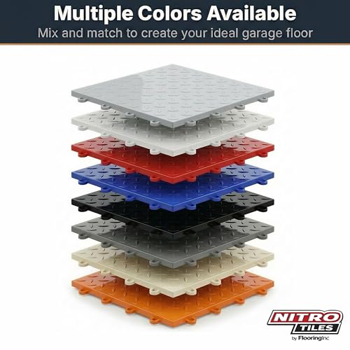 Nitro Tiles by FlooringInc 12" x 12" Interlocking Garage Floor Tiles, Diamond Pattern Heavy Duty Polypropylene Flooring, Modular Snap-Together Non-Slip Floor Tile, Graphite, 52-Pack (52 Sq Ft)