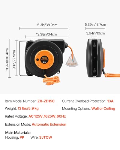 VEVOR Retractable Extension Cord Reel, 50 FT Heavy Duty 14AWG/3C SJTOW Power Cord with Lighted Triple Tap Outlet, 13 Amp Circuit Breaker, 180° Swivel Bracket for Ceiling or Wall Mount