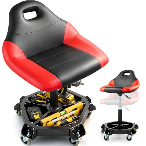 Nakyma Rolling Shop Stool with Wheels, 330 LBS Capacity Garage Stool Mechanic Stool Seat with Backrest and Tool Tray Storage, Pneumatic Work Chair Adjustable Height Mechanic Chair for Workshop, Red