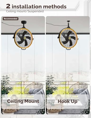 Orison 24.8'' Outdoor Ceiling Fan, 6 Speed Ceiling Mounted Plug-In Cord Garage Fan with Remote&APP, 360-degree Manual Vertical Rotation, Hook up, Gazebo, Patio, Pergola (5 blades- Yellow&Black)
