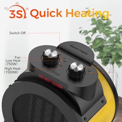 Elevoke Space Heaters for Indoor Use, 1500W PTC Electric Heater with 90°Adjustable Angle, Fast Safety Heat, Small Portable Heater for Office Home (Yellow)