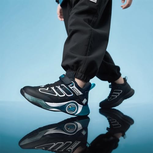 SMILIN Kids Sneakers for Boys, Lightweight Non-Slip Running Shoes with Hook & Loop Strap, Breathable Cushioned School Sports Basketball Shoes Size 11 Black