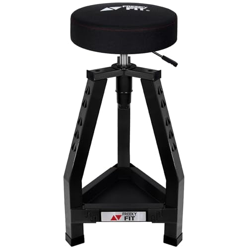 FreekyFit Adjustable Tall Shop Stool, Mechanic Garage Bar Stool Chair, Work Metal Chair for Workshop,360° Swivel Padded Seat, Tool Tray Storage, 350 LBS Capacity, Heavy Duty, Black