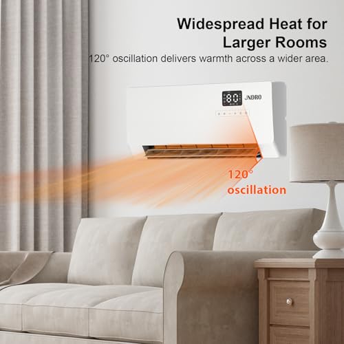24-Inch Wall Mounted Electric Heater - 1500W Indoor Space Heater with LED Display, 3 Heat Settings, Oscillating Fan, Electric Heater for Bedroom Office Bathroom
