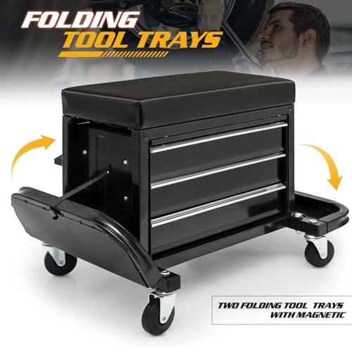 Magshion Garage Creeper Seat with 3-Drawer Storage, 350 lbs Capacity Rolling Mechanic Stool, Padded Shop Seat with Tool Tray, Adjustable Workshop Creeper Stool on Wheels for Auto Repair & Detailing