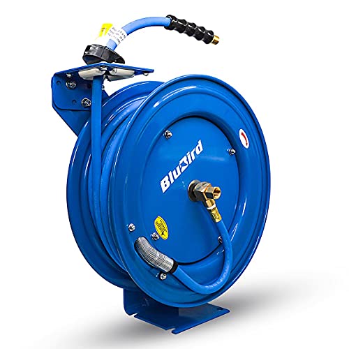 BLUBIRD BBRHD3850 18ga. Retractable Hose Reel with 3/8" X 50' Air Hose, 12 Point Ratcheting Gear, Next-Gen Rubber, Lightest, Strongest, Most Flexible, 300 PSI, -50F to 190F Degrees, Polyester Braided