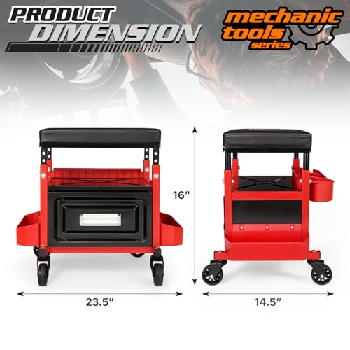 M-AUTO Mechanic Stool Garage Rolling Tool Chest Seat w/Drawer & Tray, 350LBS Capacity Multi-Function Adjustable Height Mechanic Creeper Seat for Projects Inside The Garage and Workshop, Red