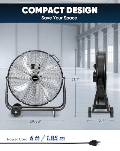 KEN BROWN 24 Inch Industrial Shop Fan, TurboSweep 8 Blades High Velocity Drum Fan, 9500 CFM, Heavy Duty 3 Speeds, 360° Adjustable Tilt for Industrial Commercial Gym Garage