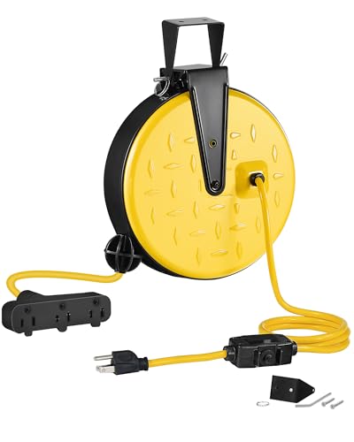 WILAWELS 30 Ft Retractable Extension Cord Reel, 16/3 Gauge SJTW Power Cord with 3 Electrical Outlets Pigtail for Garage and Shop, 10 Amp Circuit Breaker, Metal Plate, UL Listed, Black B30CR06