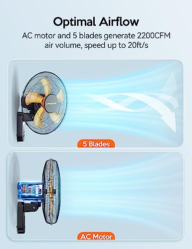 VAGKRI Wall Mount Fan, 16 Inch Wall Fans with 5 Blades, 5 Speeds, 8 Hour Timer, 90° Oscillating Quiet Fan with Remote for Home Office Bedroom Living Room Garage (Black)
