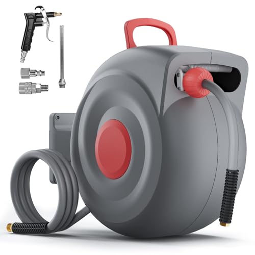 Retractable Air Hose Reel, 3/8" x 65ft Air Hose with Air Blow Gun, Adjustable Length Lock, 180° Rotating Wall Mount Air Tool for Garage and Workshop