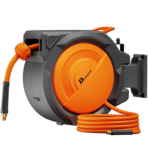 Dkenicor Retractable Air Hose Reel, 3/8" x 120ft Hybrid Hose, Auto Rewind Enclosed Air Compressor Hose Reel with 180° Swivel Bracket, Max 300 PSI Any Length Lock for Garage & Workshop