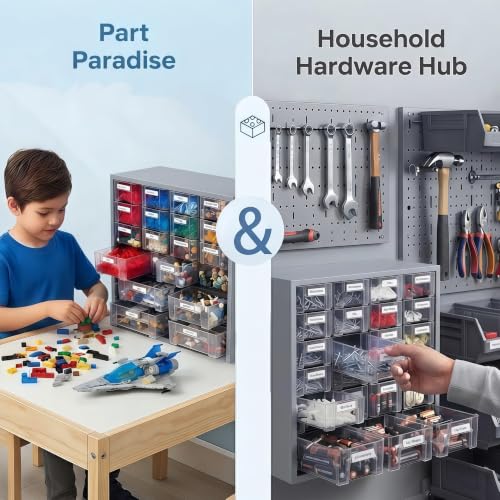 Nut and Bolt Organizer with 24 Clear Drawers, Heavy Duty Metal Hardware Organizer Cabinet, 48 Adjustable Dividers for Screws, Fasteners, Washers & Small Parts, Stackable Wall Mount Storage Cabinet