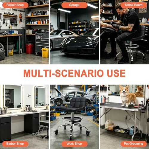 LWADALN Rolling Shop Stool Mechanics Rolling Chair with Backrest, Adjustable Height Heavy Duty Garage Stool with Footrest and Storage Tray, Swivel Task Chair for Workshop (Black-with Tool Tray)