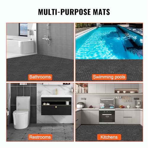 VEVOR Interlocking Tile 55PCS Black, Drainage Tiles 12" x 12" Splicing, Soft PVC Interlocking Drainage Floor Tiles, Non-Slip Drainage Holes for Restroom, Bathroom, Kitchen, Pool, Wet Areas