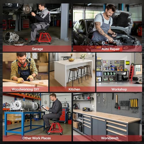 VigorTrek Rolling Shop Stool with Wheels and Adjustable Pneumatic Mechanic Stool, Heavy Duty Garage Stool & Shop Chair with Storage Tray, 300 lbs Capacity