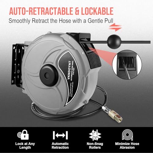 Retractable Air Hose Reel, 1/4 in x 50 FT Hybrid Polymer Hose, Air Compressor Hose Reel with 5 ft Lead in, Ceiling/Wall Mount Enclosed Air Reel, 180° Swivel Mount, Gray/Black