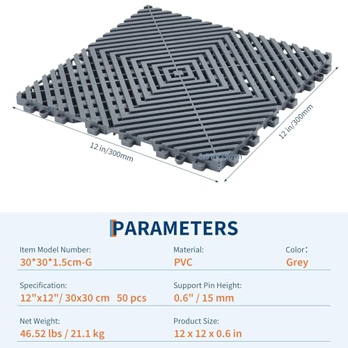 Interlocking Floor Tiles 100 Pack 12"X12" Waterproof Modular Cushion Mats, Non-Slip Drainage Tiles for Garage Floor, Gym, Pool Deck, Patio & Outdoor Shower,Grey