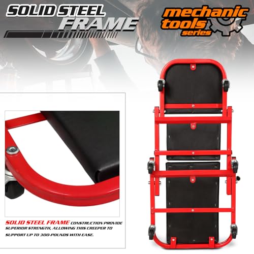 M-AUTO 40-Inch Folding Creeper Rolling Seat, All-in-One Adjustable Roller Garage Chair, Lay Down or Sit, 330LBS Capacity Under Car Roller Creeper with 6 Swivel Casters, Red