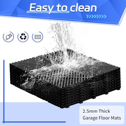 Barydat 72 Pcs 12'' x 12'' Garage Floor Tiles, Interlocking Drainage Flooring, Heavy Duty Non Slip Polypropylene, Easy Install for Garage Deck, Pool, Patio, Shower (Black)