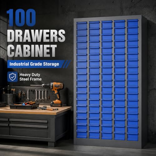 Heavy Duty Parts Cabinet, Alloy Steel Nut and Bolt Organizer with 100 Drawers & Dividers, Small Hardware Storage Cabinet 25.8x8.66x46 Inch for Workshop Garage Tool, Screw Fastener Organization, Blue