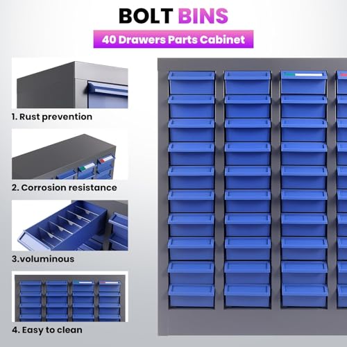 40-Drawer Parts Cabinet, Bolt Organizer with ABS Drawers & Dividers, Steel Bolt Bins, Nut and Bolt Organizer for Garage, Workshop, Home and Office (40 Drawer)