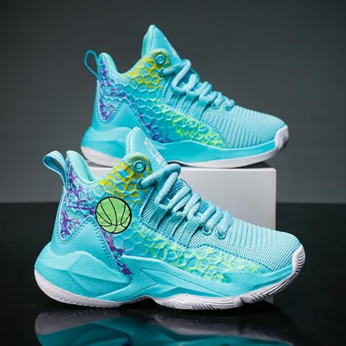 Kids Basketball Shoes High-top Sports Shoes Boys Sneakers Durable Lace-up Non-Slip Running Shoes Secure for Little Kids Big Kids Sky Blue