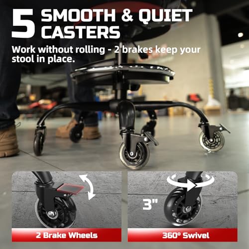 Rolling Shop Stool with Wheels, Garage Mechanic Stool Chair with Backrest, Height Adjustable Heavy Duty Swivel Task Chair, Adjustable Footrest with Storage Tray for Garage Kitchen Salon Tattoo (Red)