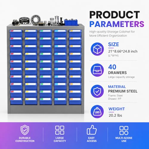 Hardware Storage Cabinet, 40 Drawer Nut and Bolt Organizer with Steel Frame & Dividers, Small Parts Organizer for Workshop Garage Tool Fastener Screw Storage
