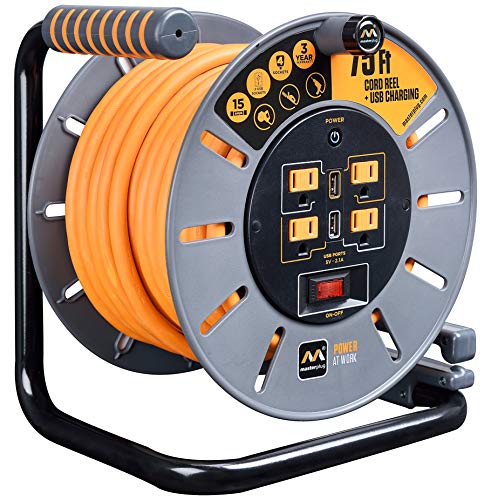 Masterplug 75ft Cord Reel, Retractable Extension Lead with Winding Handle, Safety Overload Circuit Breaker and Power Switch, 4x Grounded Outlets, 2x USB Ports, 15amps, 12AWG Cable