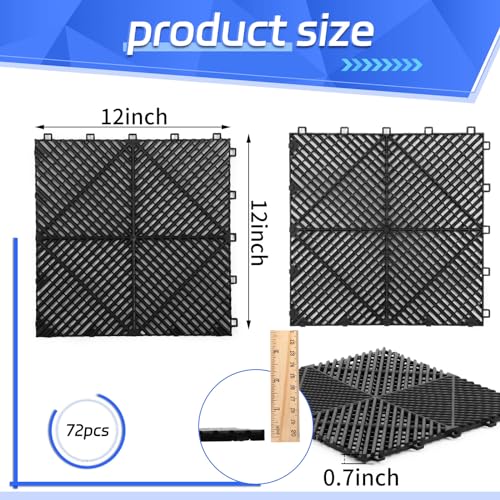 Barydat 72 Pcs 12'' x 12'' Garage Floor Tiles, Interlocking Drainage Flooring, Heavy Duty Non Slip Polypropylene, Easy Install for Garage Deck, Pool, Patio, Shower (Black)