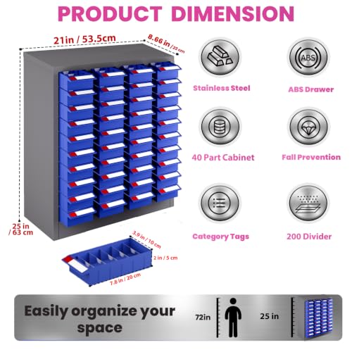 40-Drawer Parts Cabinet, Bolt Organizer with ABS Drawers & Dividers, Steel Bolt Bins, Nut and Bolt Organizer for Garage, Workshop, Home and Office (40 Drawer)