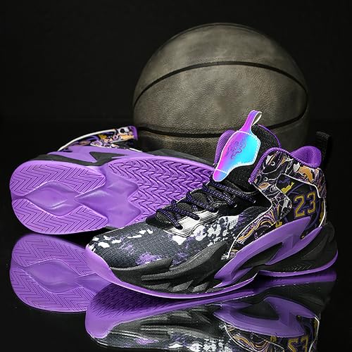 BEMYGREENBAG Mens High Top Basketball Shoes Arch Support Sneakers Comfortable Actual Combat Shoes High Elasticity Sports Shoes Black-Purple Size 10