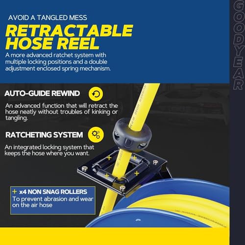Goodyear Air Hose Reel Retractable 1/2" Inch x 65' Foot