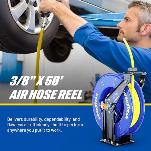 GOODYEAR Air Hose Reel Retractable 3/8" Inch x 50' Feet Long Premium Commercial SBR Hose Max 300 Psi Reinforced Steel Construction Heavy Duty Spring Driven Industrial Dual Arm & Pedestal