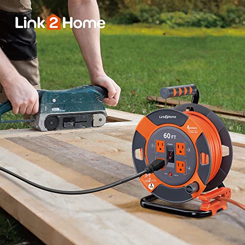 Link2Home Cord Reel 60 ft. Extension Cord 4 Power Outlets – 14 AWG SJTW Cable. Heavy Duty High Visibility Power Cord.