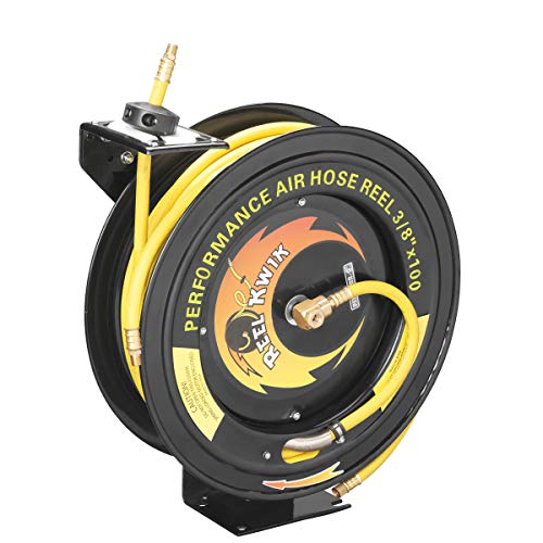 100-FT Retractable Air Hose Reel – 300 PSI Heavy-Duty Air Compressor Hose and Reel, Air Hose Auto-Rewind Design, Wall, Floor or Ceiling Mount for Garage, Workshop, or Home Studio by Pentagon Tools