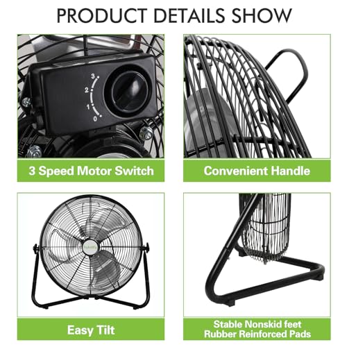 hykolity 20" High Velocity Floor Fan, 3-Speed 4650 CFM Heavy Duty Industrial Metal Shop Fan with Wall-Mounting System, Ideal for Commercial, Garage, Greenhouse and Gym