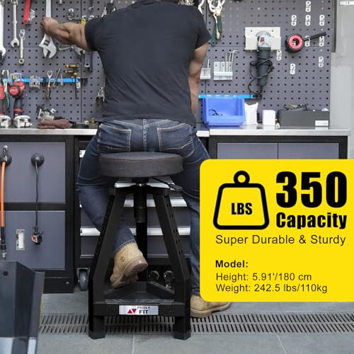 FreekyFit Adjustable Tall Shop Stool, Mechanic Garage Bar Stool Chair, Work Metal Chair for Workshop,360° Swivel Padded Seat, Tool Tray Storage, 350 LBS Capacity, Heavy Duty, Black