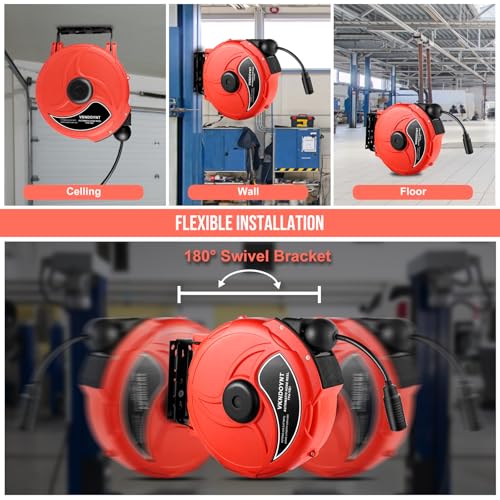 Retractable Air Hose Reel, 1/4 in x 50 FT Hybrid Polymer Hose, Air Compressor Hose Reel with 5 ft Lead in, Ceiling/Wall Mount Enclosed Air Reel, 180° Swivel Mount, Red/Black