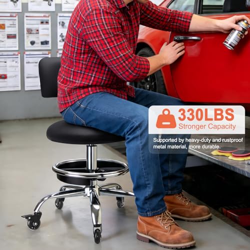 LWADALN Garage Stool with Backrest, Mechanics Rolling Chair Adjustable Footrest, Workshop Chair with Storage Tray, Rolling Shop Stool Height Adjustable, Swivel Task Chair for Salon Tattoo (Black)