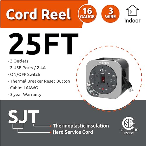 Link2Home 25 Ft. Retractable Extension Cord Reel, 3 Outlets, Gray