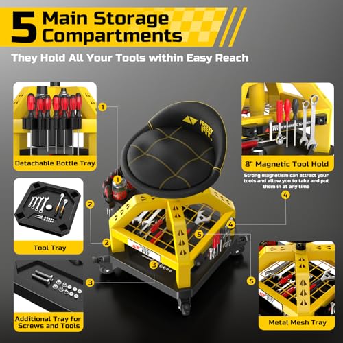 FreekyFit Rolling Shop Stool for Garage with Casters, DO02-Adjustable Height 360° Swivel Shop Seat with Tool Tray Storage, 330 LBS Capacity Padded Mechanic Stool, Magnetic Tool Hold, Heavy Duty,Yellow