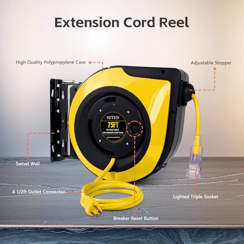 FSTSN Retractable Extension Cord Reel, 75 FT, Heavy Duty 14AWG/3C SJTOW Power Cord, with Lighted Triple Tap Outlet 10 Amp Circuit Breaker, for Ceiling or Wall Mount Garage and Shop, Yellow