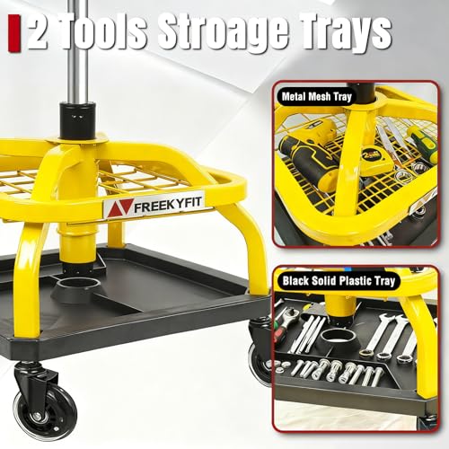 FreekyFit Rolling Shop Stool with Wheels, Garage Work Mechanic Stool with Backrest, Roller Mechanic Chair, Adjustable Height, 360° Swivel, Tool Tray Storage, 330 LBS Capacity, Heavy Duty, Yellow